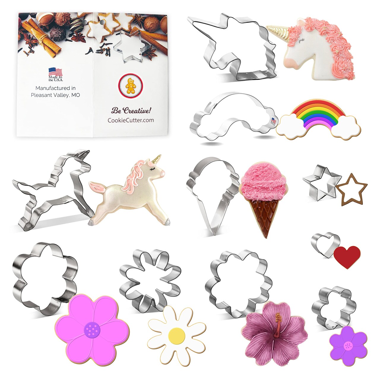CookieCutter.Com Unicorn Birthday Baby Shower Cookie Cutter 10 Pc Set HS0456 with Recipe Card. USA Made